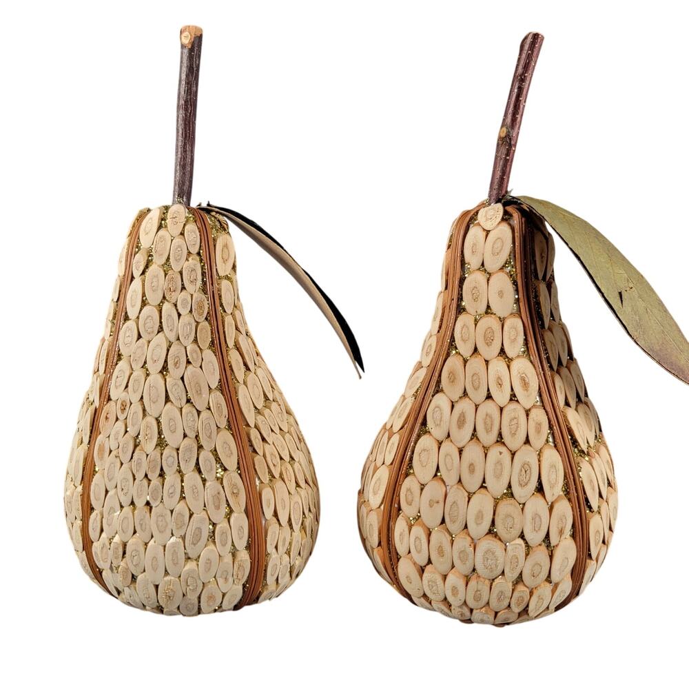 Set of 2 Handmade Wooden Pear Ornaments with Natural Bark and Leaf Accents